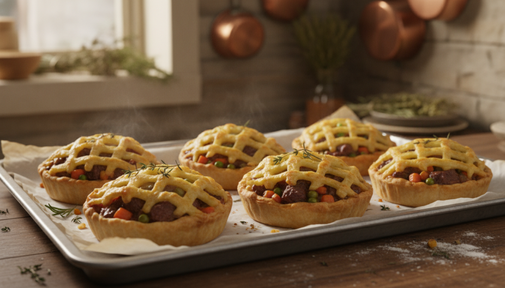 Rustic baked hand pies with a golden mashed potato topping and a savory meat and vegetable filling visible The pies are