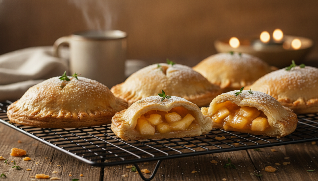 Golden-baked hand pies some whole and some cut to reveal a sweet and savory filling of diced apples and melted cheddar c