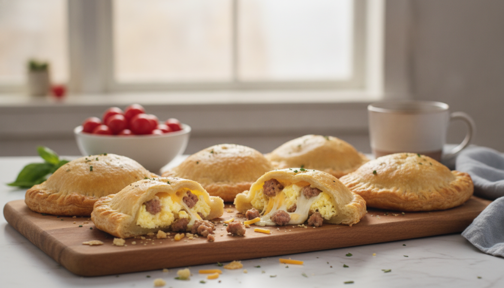 Golden-baked hand pies filled with scrambled eggs crumbled breakfast sausage and a hint of cheese Some pies are sliced o