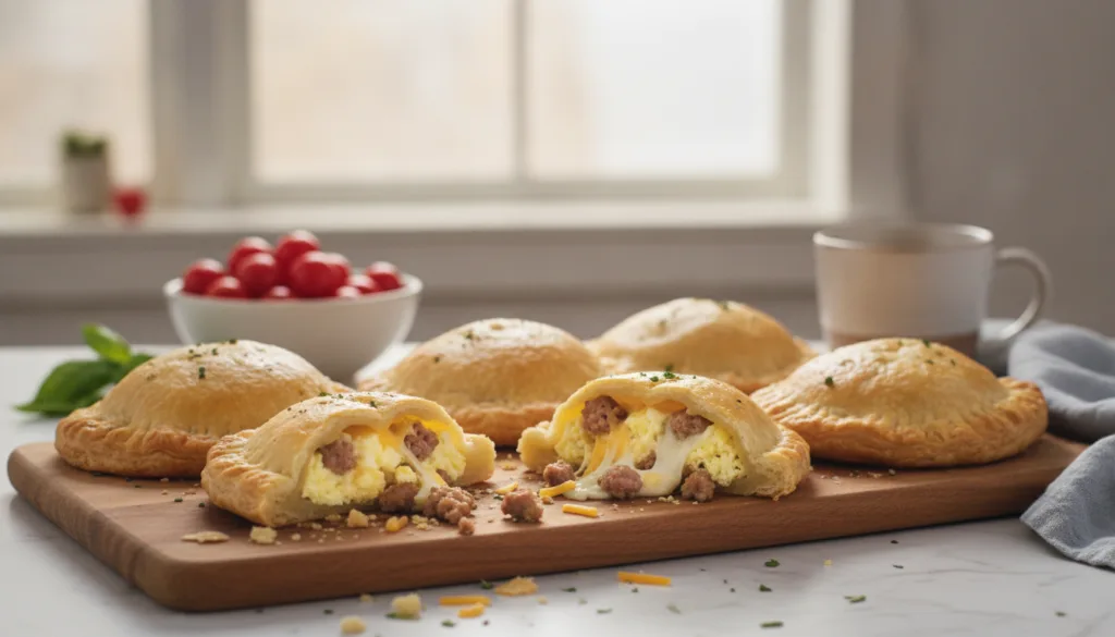 Golden-baked hand pies filled with scrambled eggs crumbled breakfast sausage and a hint of cheese Some pies are sliced o