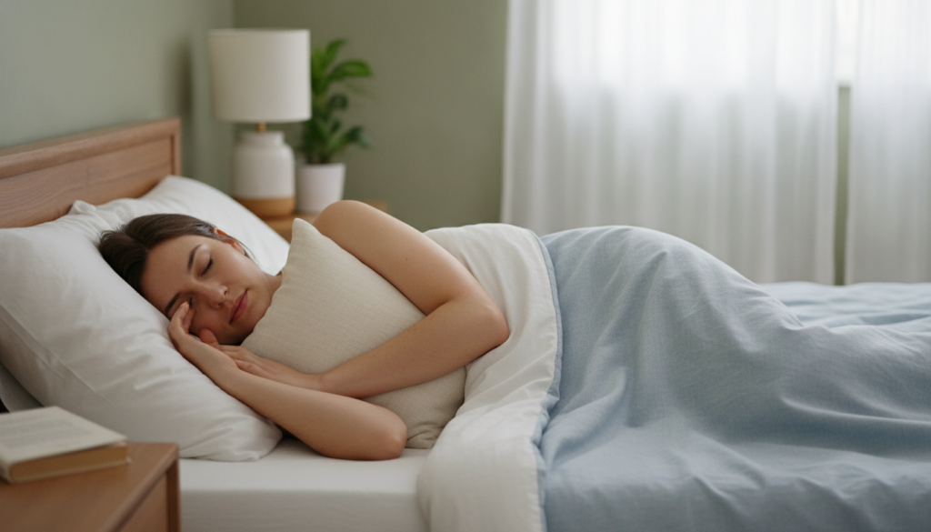 A side sleeper with a small thin pillow placed between their arm and chest to relieve shoulder pressure