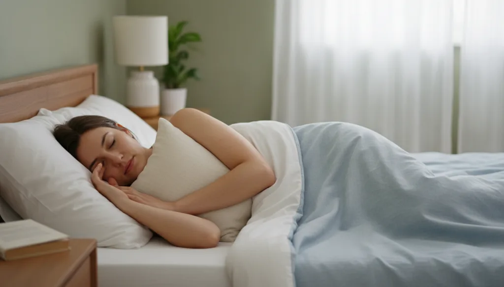 A side sleeper with a small thin pillow placed between their arm and chest to relieve shoulder pressure