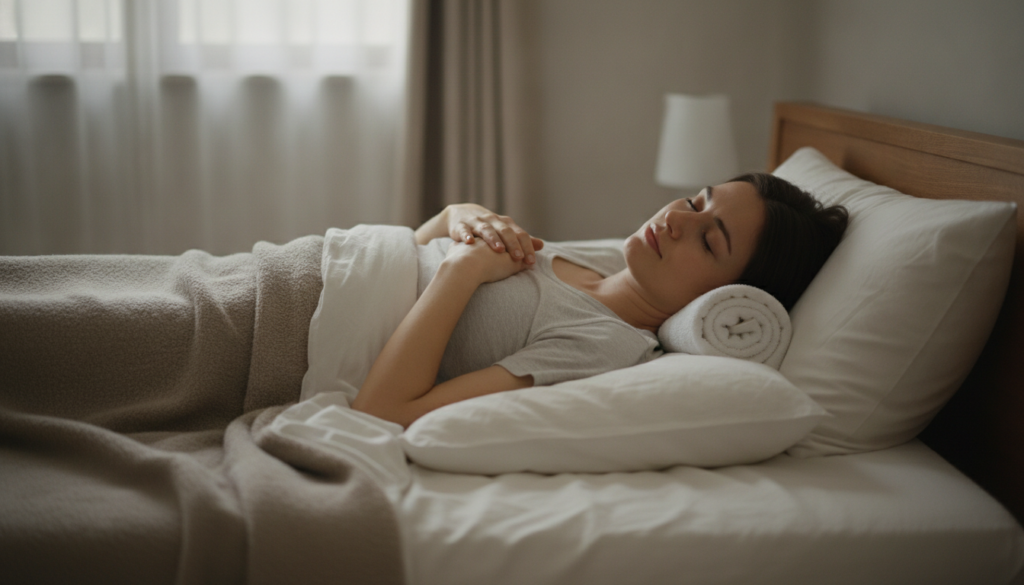 A person sleeping on their back with a small pillow or rolled towel under their neck and another pillow under their knee
