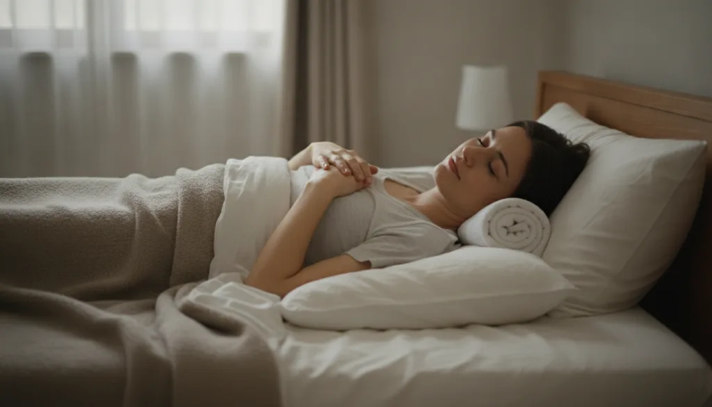 A person sleeping on their back with a small pillow or rolled towel under their neck and another pillow under their knee