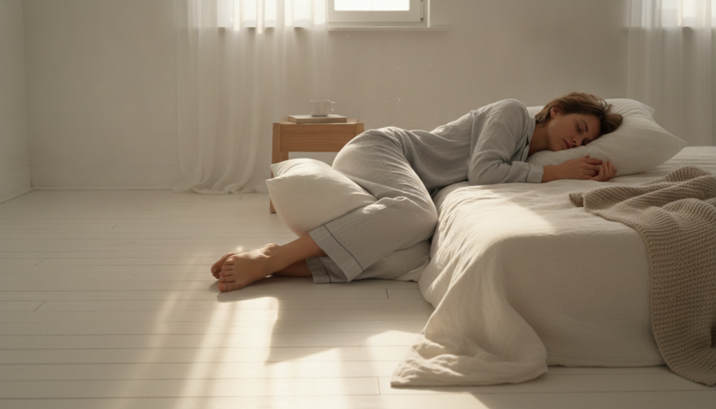 A person sleeping on their side with a pillow placed between their knees showing relaxed posture in a comfortable bed