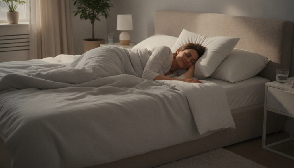A person sleeping with their head and upper body gently elevated by a wedge pillow or multiple pillows suggesting relief