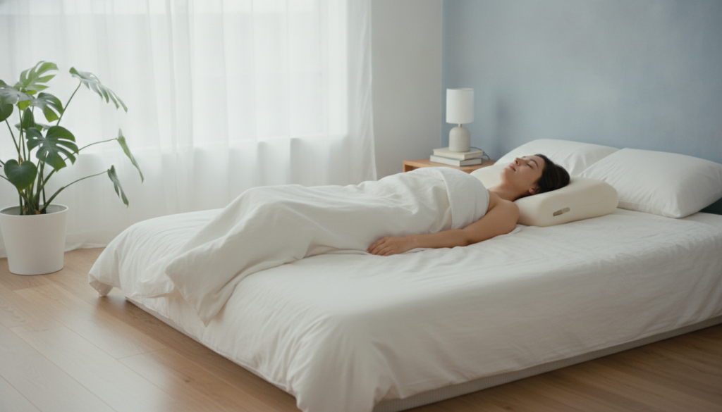 A person lying on their back with a contoured pillow or a rolled towel supporting the natural curve of their neck demons