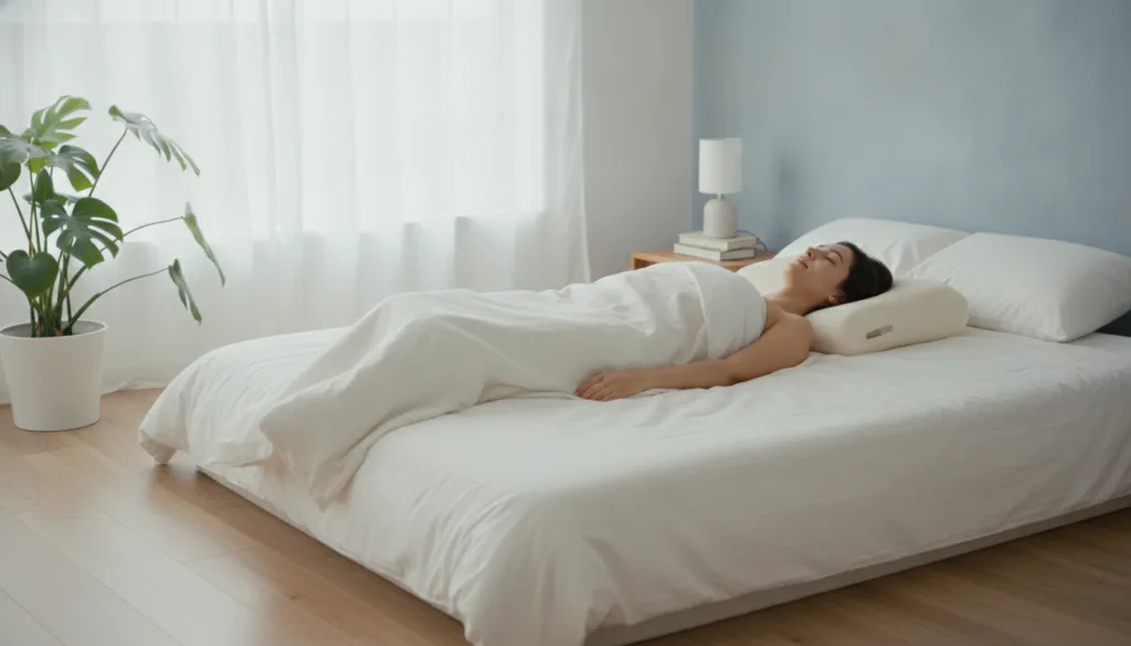 A person lying on their back with a contoured pillow or a rolled towel supporting the natural curve of their neck demons