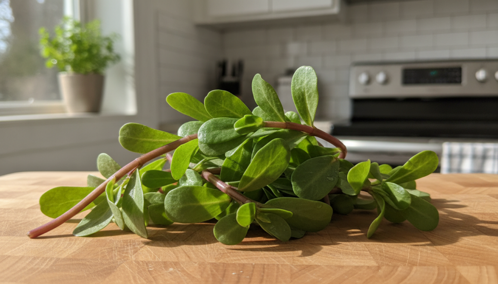 A close-up of fresh purslane sprigs vibrant green and reddish ready for use in a kitchen setting