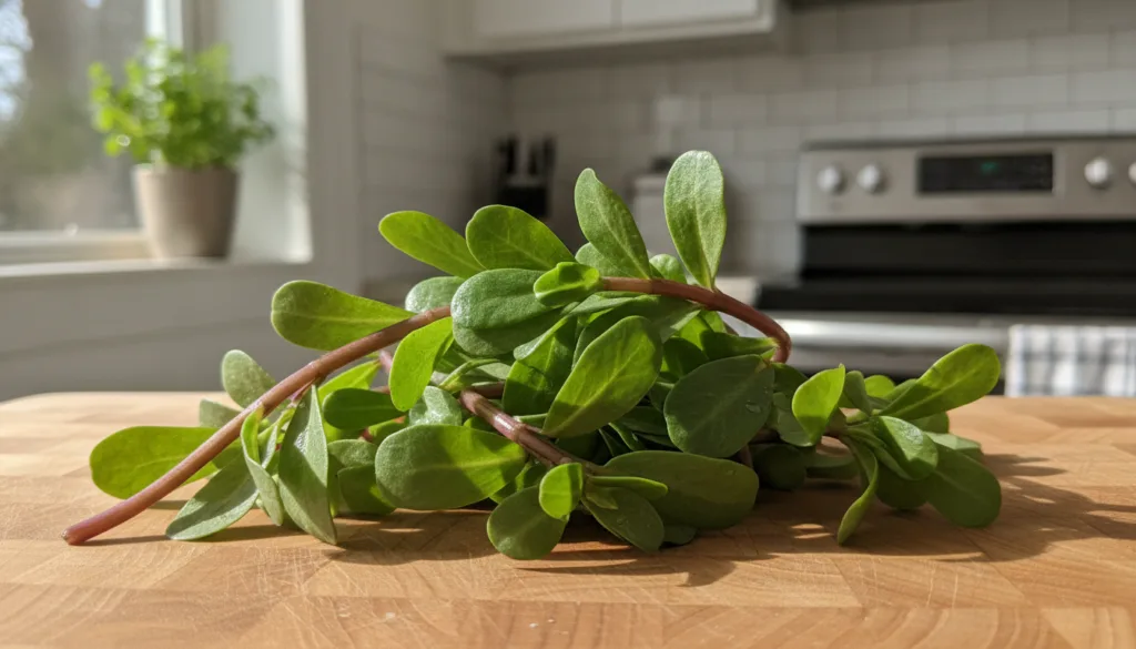 A close-up of fresh purslane sprigs vibrant green and reddish ready for use in a kitchen setting
