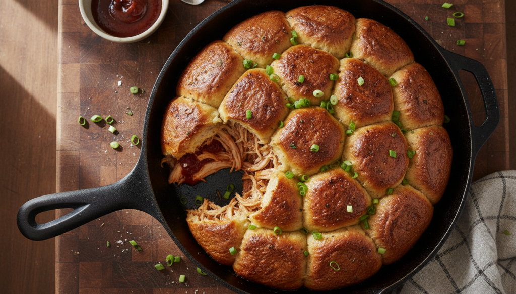 A rustic cast iron skillet filled with golden-brown pull-apart bread revealing shredded BBQ chicken filling in between t
