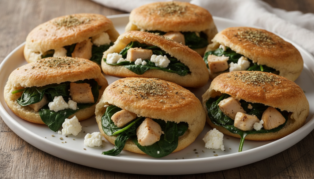 Savory bread pockets filled with a visible chicken spinach and feta cheese mixture Garnished with a sprinkle of dried or