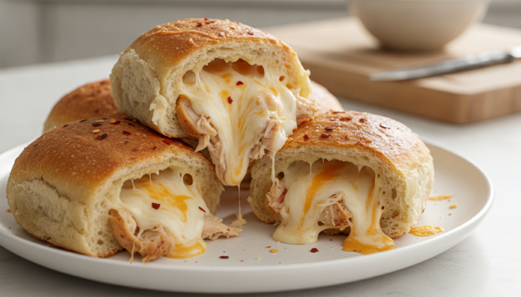 Golden brown bread rolls with a slightly spicy chicken and melted cheese filling visible A sprinkle of red chili flakes 