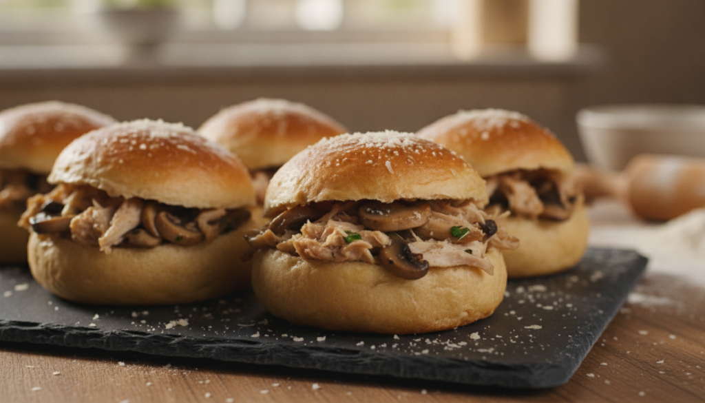 Soft golden savory buns with a visible filling of chicken and sautéed mushrooms A light dusting of parmesan cheese on to