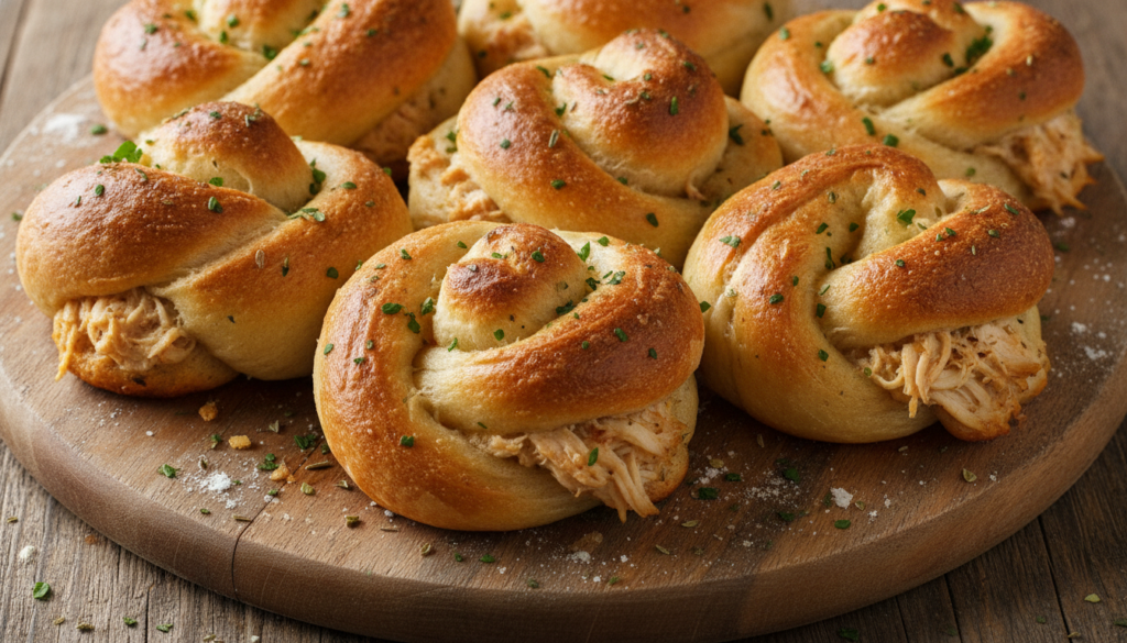 Golden brown garlic knots lightly twisted with flecks of green herbs A hint of shredded chicken filling visible at the t