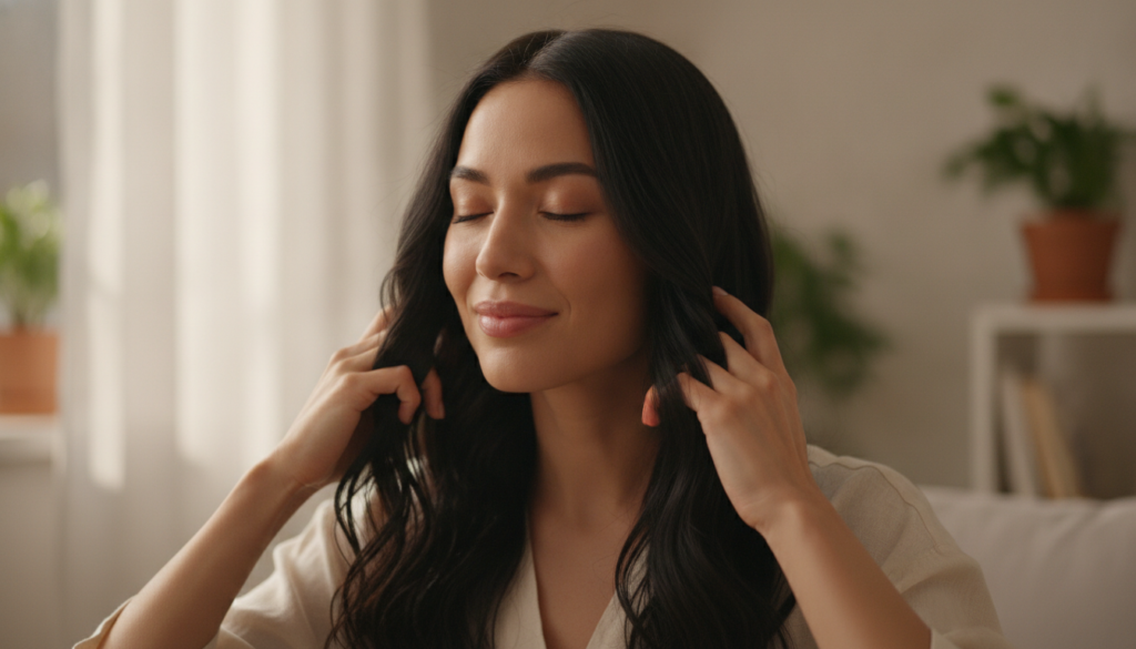 A woman gently massaging black hair oil into her scalp and hair with her fingertips Her hair is dark and healthy-looking