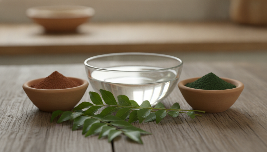 Ingredients for black hair oil a bowl of coconut oil a small bowl of amla powder a small bowl of bhringraj powder and a 