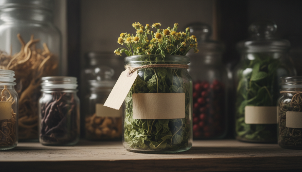 Dried wild lettuce leaves and flowering tops in a small glass jar labeled and stored in a pantry with other herbs