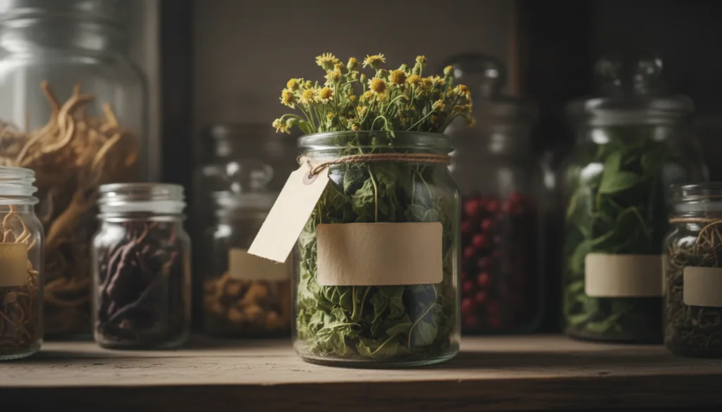 Dried wild lettuce leaves and flowering tops in a small glass jar labeled and stored in a pantry with other herbs