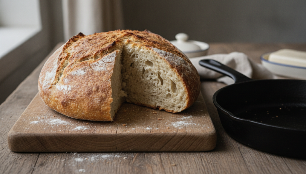 A rustic round loaf of no-knead bread with a golden-brown crust served on a cutting board next to a frying pan A slice h
