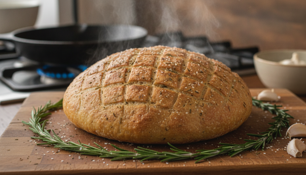 A round loaf of golden-brown garlic herb bread freshly baked on a stovetop placed on a wooden cutting board with a scatt