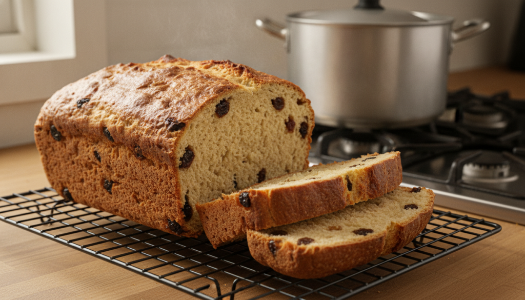A finished sliced loaf of classic stovetop raisin bread on a cooling rack showing the golden crust and soft interior wit