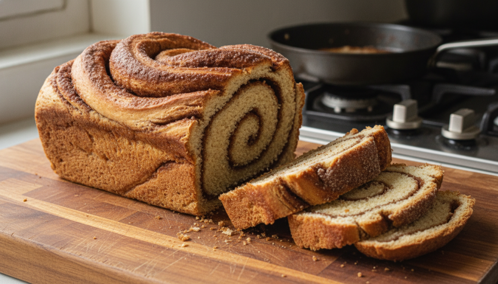 A loaf of golden-brown cinnamon swirl bread freshly baked on a stovetop sliced to show the intricate cinnamon sugar swir