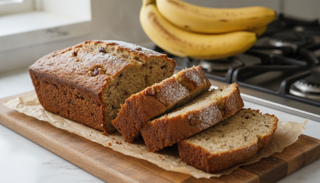 A moist golden-brown loaf of stovetop banana bread sliced to show its tender crumb and small pieces of banana It s on a