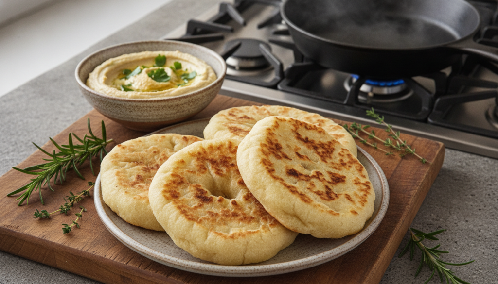 Three fluffy stovetop flatbreads slightly charred and golden stacked on a plate with a bowl of hummus and fresh herbs in