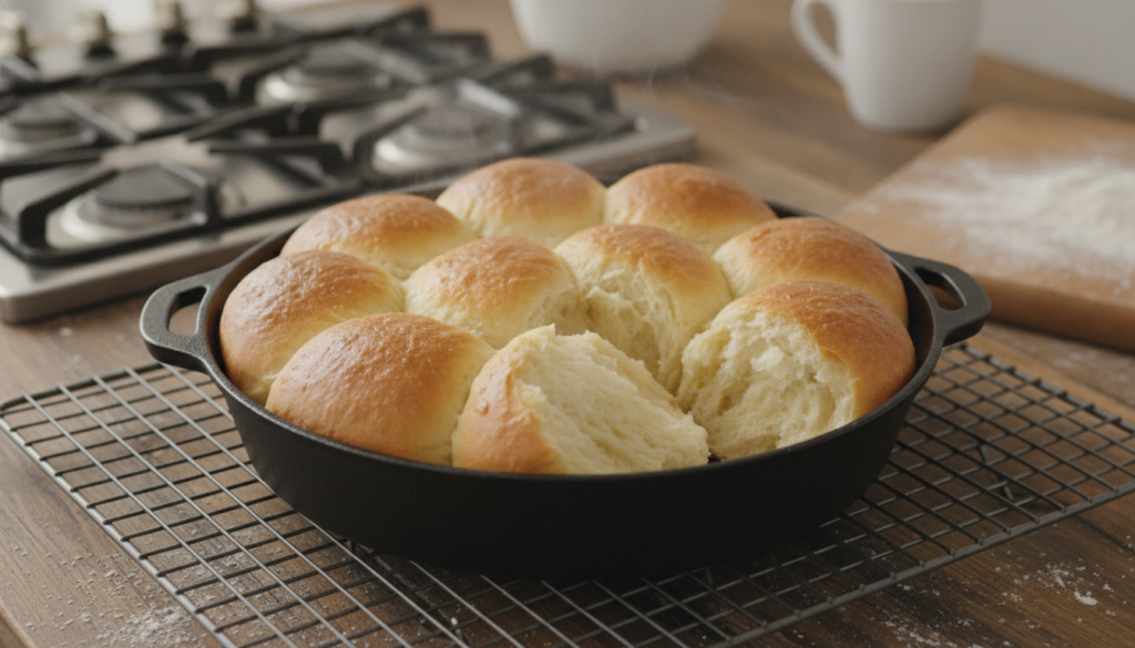 A batch of soft golden-brown stovetop milk bread rolls arranged neatly in a round pan some pulled apart to show their fl