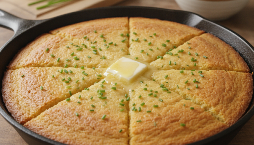 A golden-brown stovetop skillet cornbread freshly baked and sliced into wedges within a cast iron skillet A pat of butte