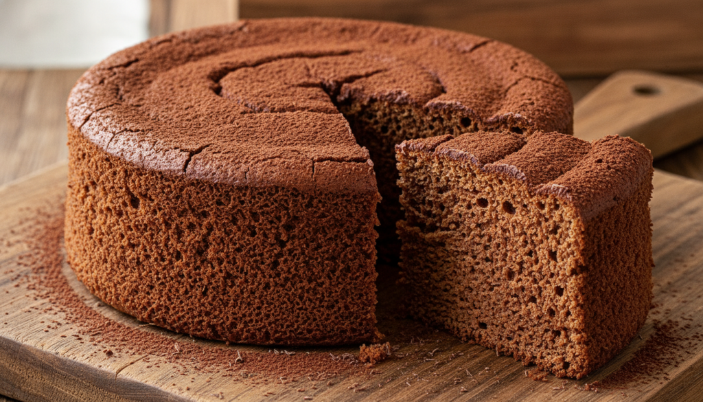 A rich brown Chocolate Japanese Fluffy Cake with a smooth cracked top a slice removed to show its airy texture A sprinkl
