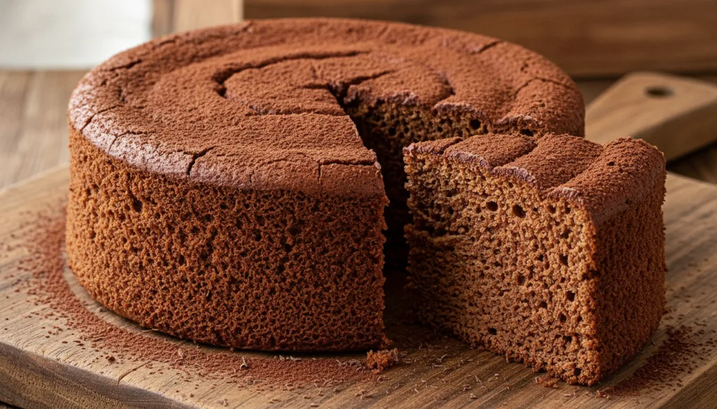 A rich brown Chocolate Japanese Fluffy Cake with a smooth cracked top a slice removed to show its airy texture A sprinkl