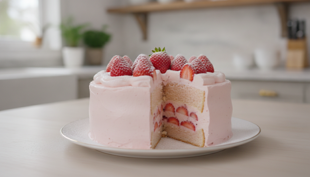 A beautiful pink Strawberry Japanese Fluffy Cake with a slice removed revealing a delicate light pink interior Fresh str