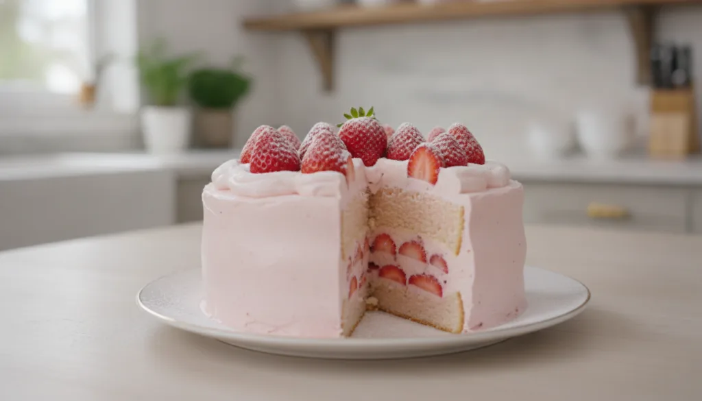 A beautiful pink Strawberry Japanese Fluffy Cake with a slice removed revealing a delicate light pink interior Fresh str