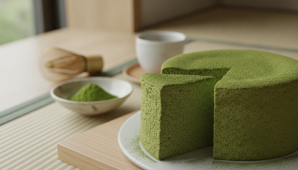 A vibrant green Matcha Japanese Fluffy Cake showcasing its distinctive color and fluffy texture with a slice removed A b
