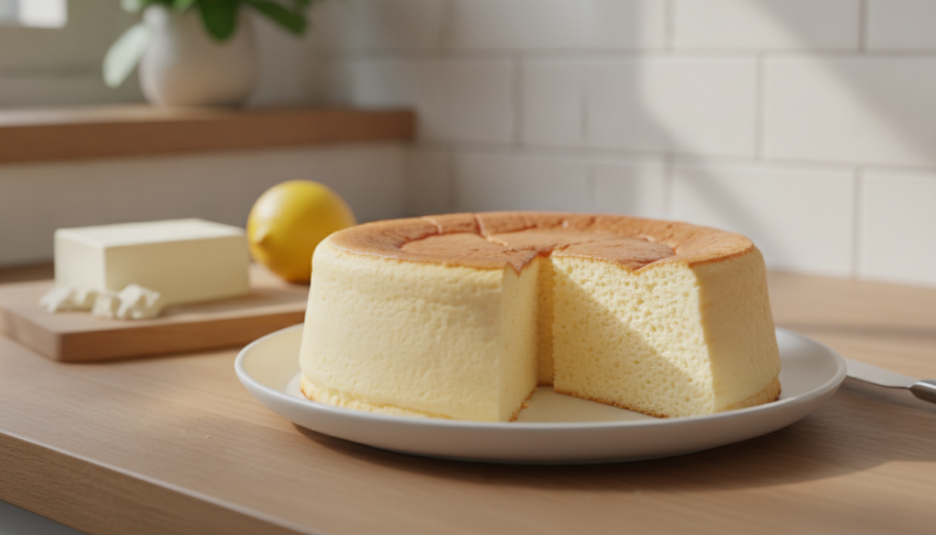 A classic light yellow Cheese Japanese Fluffy Cake with its characteristic soft jiggly texture and a slightly browned to