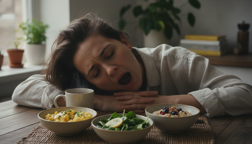 A person looking tired and yawning with small bowls of eggs spinach and oats in the foreground