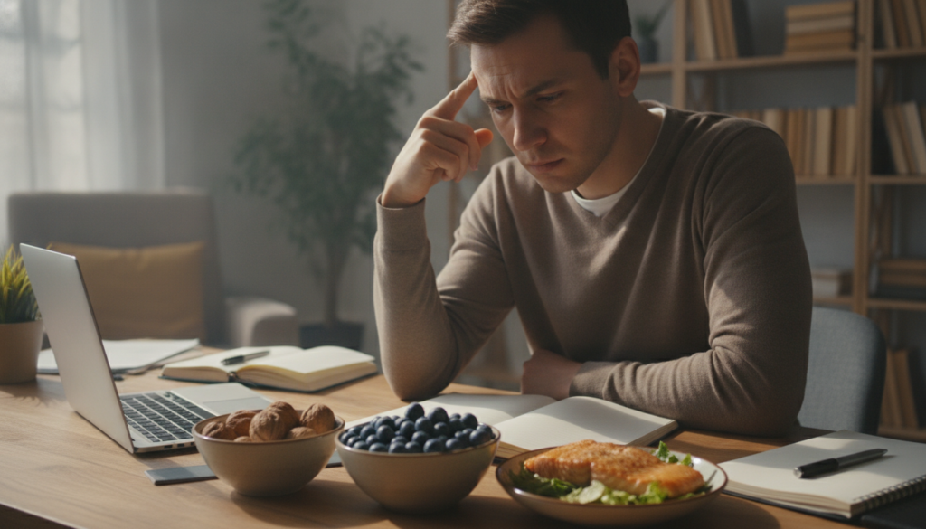 A person with a thoughtful or slightly confused expression trying to concentrate with bowls of walnuts blueberries and s