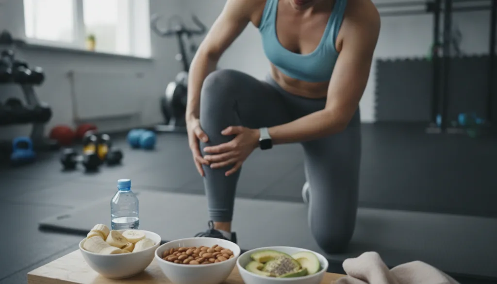 A person holding their calf due to a muscle cramp with bowls of banana slices almonds and avocado in the foreground