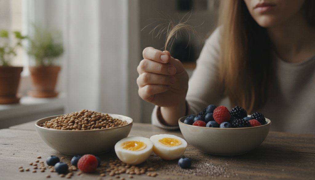 A person looking at their weak brittle hair with bowls of lentils fresh berries and cooked eggs in the foreground