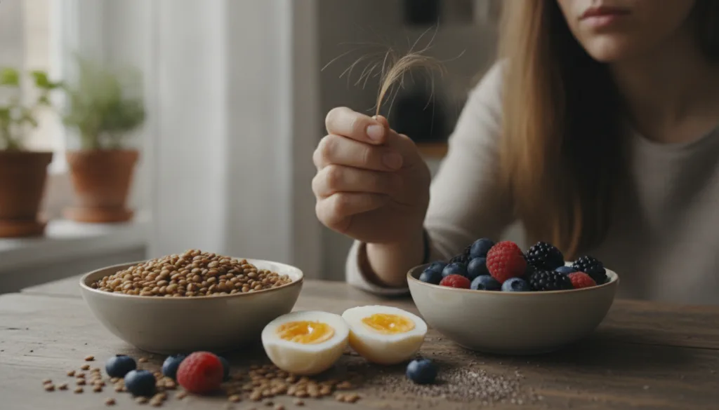 A person looking at their weak brittle hair with bowls of lentils fresh berries and cooked eggs in the foreground