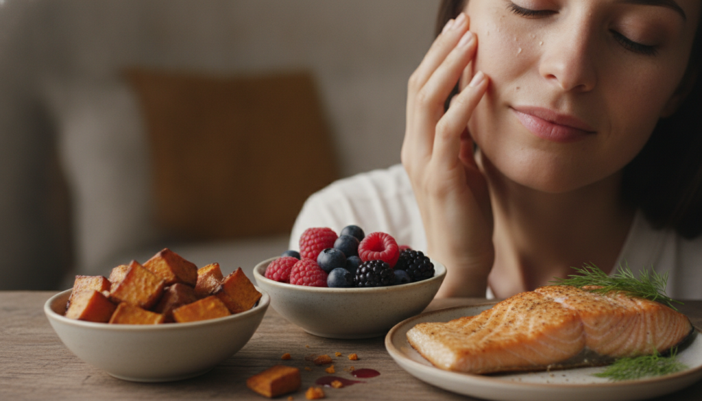 A person touching their dry skin with bowls of cooked sweet potatoes fresh berries and a piece of fatty fish in the fore
