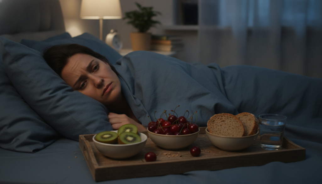 A person looking tired and restless in bed with bowls of kiwi fruit tart cherries and whole grain bread in the foregroun