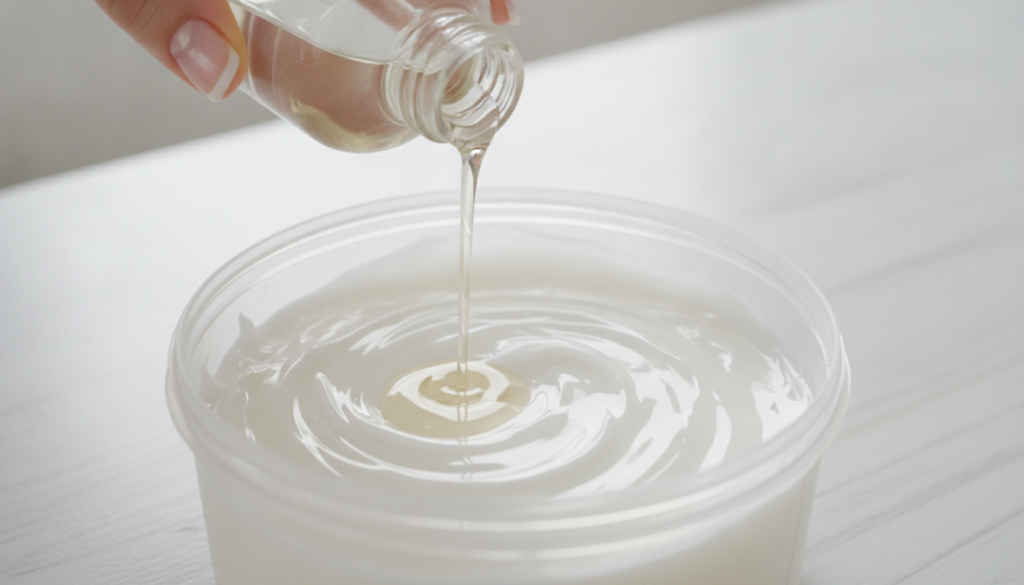 A hand pouring baby oil into a small tub of Vaseline demonstrating the mixing step for brighter skin