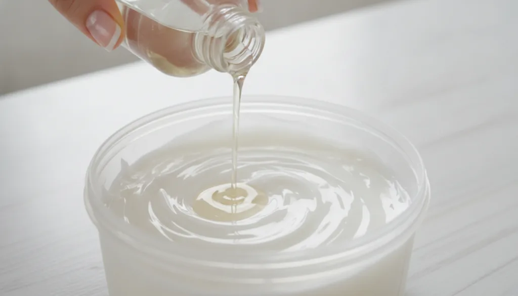 A hand pouring baby oil into a small tub of Vaseline demonstrating the mixing step for brighter skin
