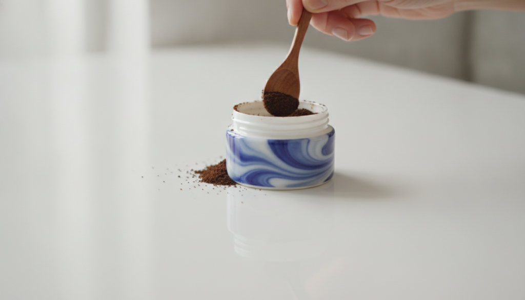 A hand mixing coffee grounds into a small tub of Vaseline The scene is clean and focused on the mixing process with a wo