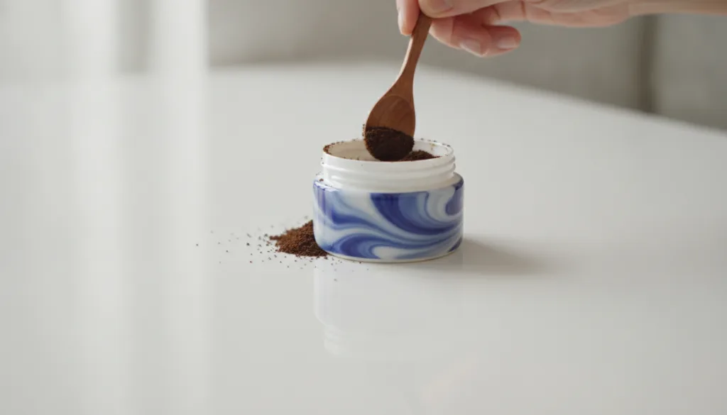 A hand mixing coffee grounds into a small tub of Vaseline The scene is clean and focused on the mixing process with a wo