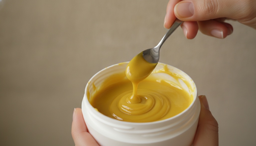 A hand mixing turmeric powder into a small tub of Vaseline forming a yellow paste