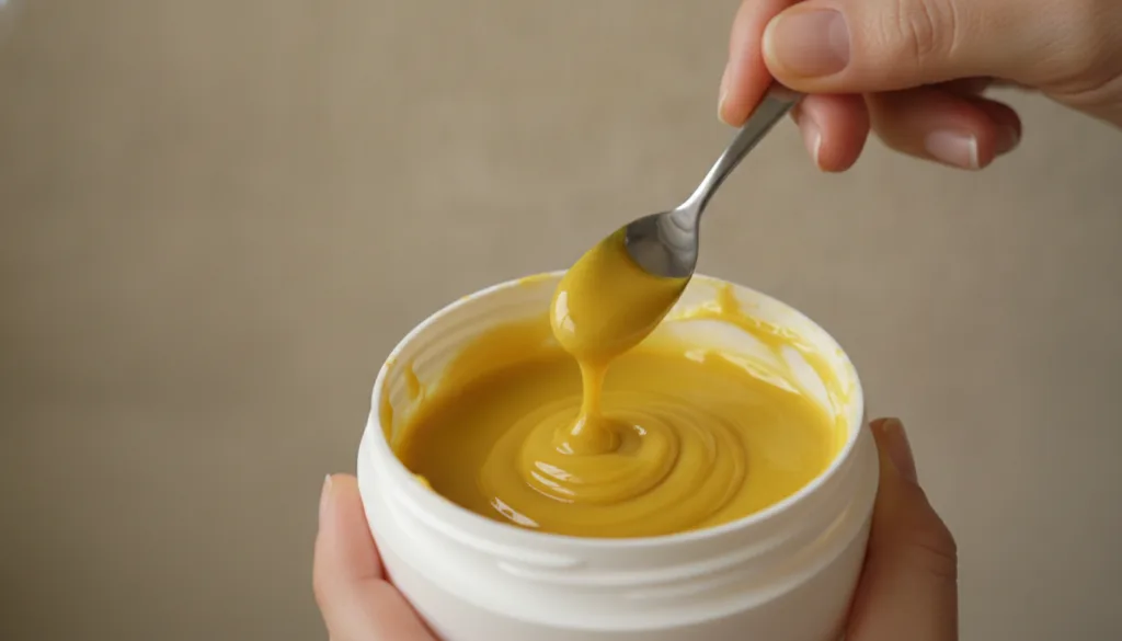 A hand mixing turmeric powder into a small tub of Vaseline forming a yellow paste